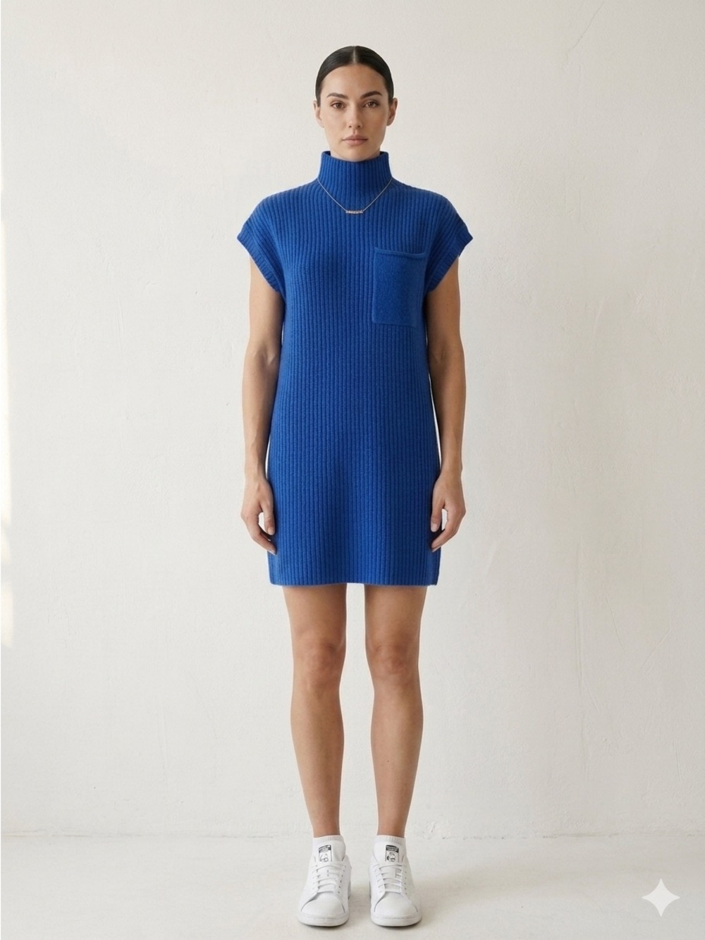 Zenana Outfitters Sleeveless Turtleneck Knit Mini Dress in Blue